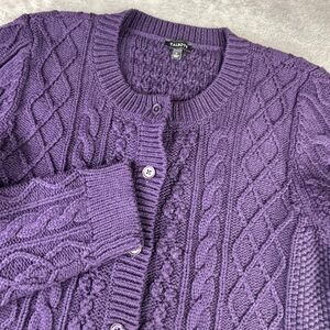Talbots Cardigan Sweater Womens Large Purple Cable Knit Crew Neck Button Front